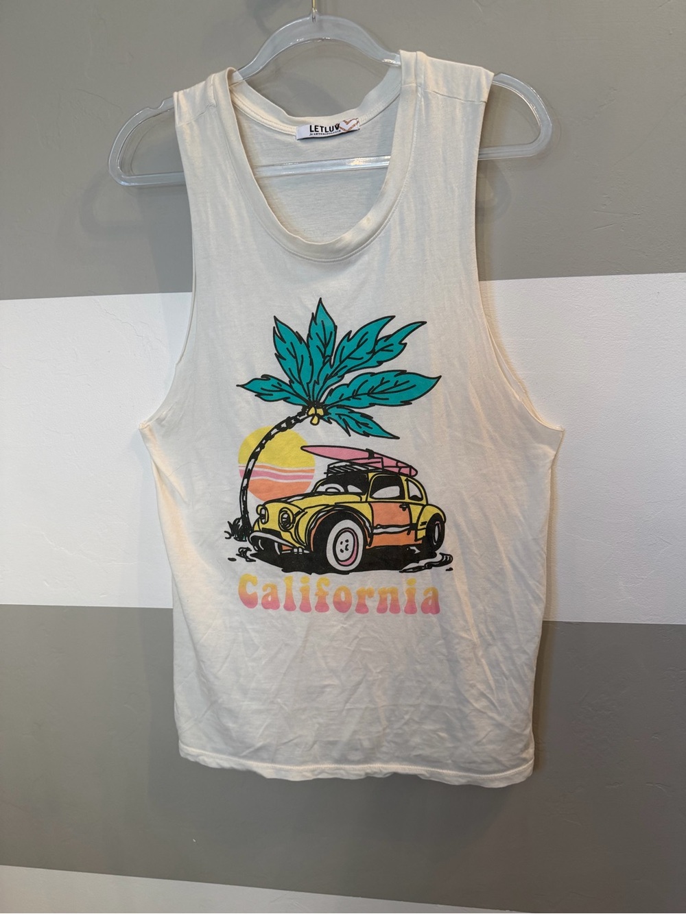 Anthropologie Letluv California Graphic Tank Top - Cream with Teal & Yellow med